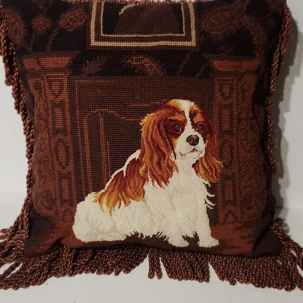 Cavalier King Charles Spaniel Vintage Wool Needlepoint Handmade Pillow 15 x 15